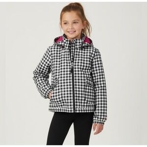 London Fog Girls Gingham Hooded Rain Jacket Size 12 Black White Pink Lined